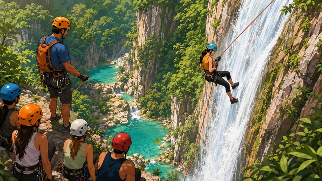 Rappel en Minas Viejas con guía, casco, cuerda y cascada turquesa.