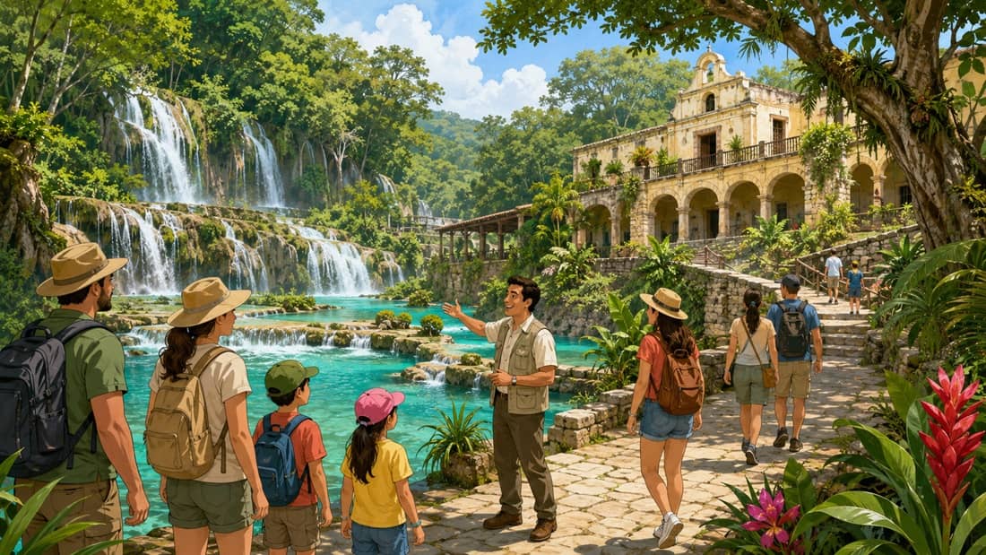 Cascadas de Tamasopo y Hacienda Gómez con pozas, escaleras y viajeros.
