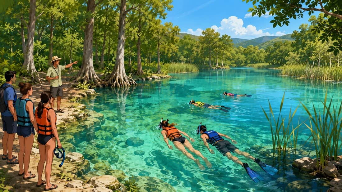 Media Luna en Rioverde con snorkel, agua clara y viajeros en balsa.