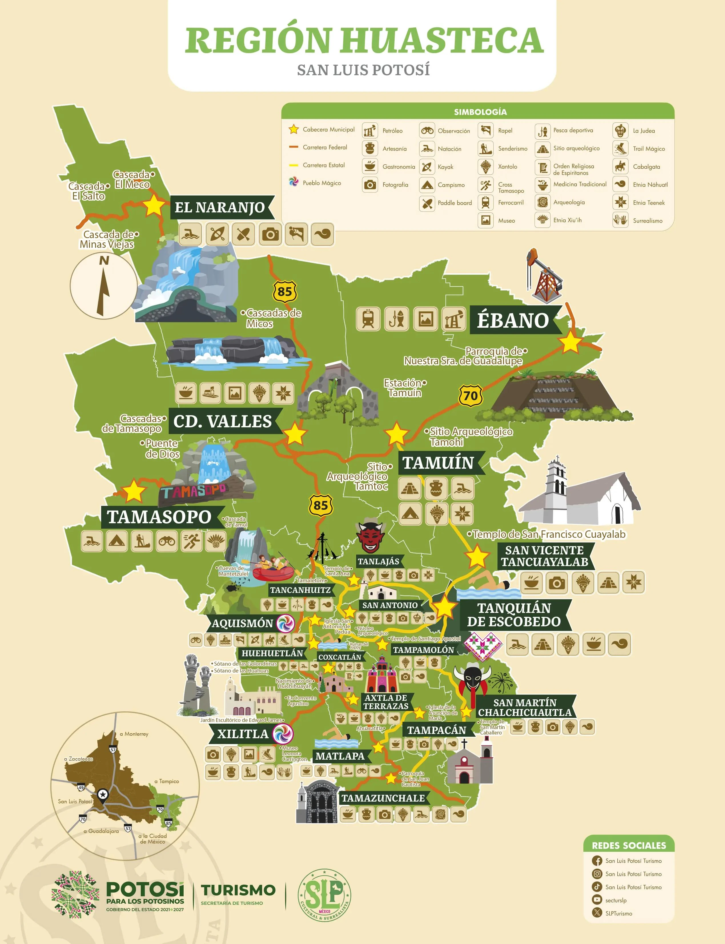 Mapa orientativo de las zonas de la Huasteca Potosina; abre la guía para consultar distancias
