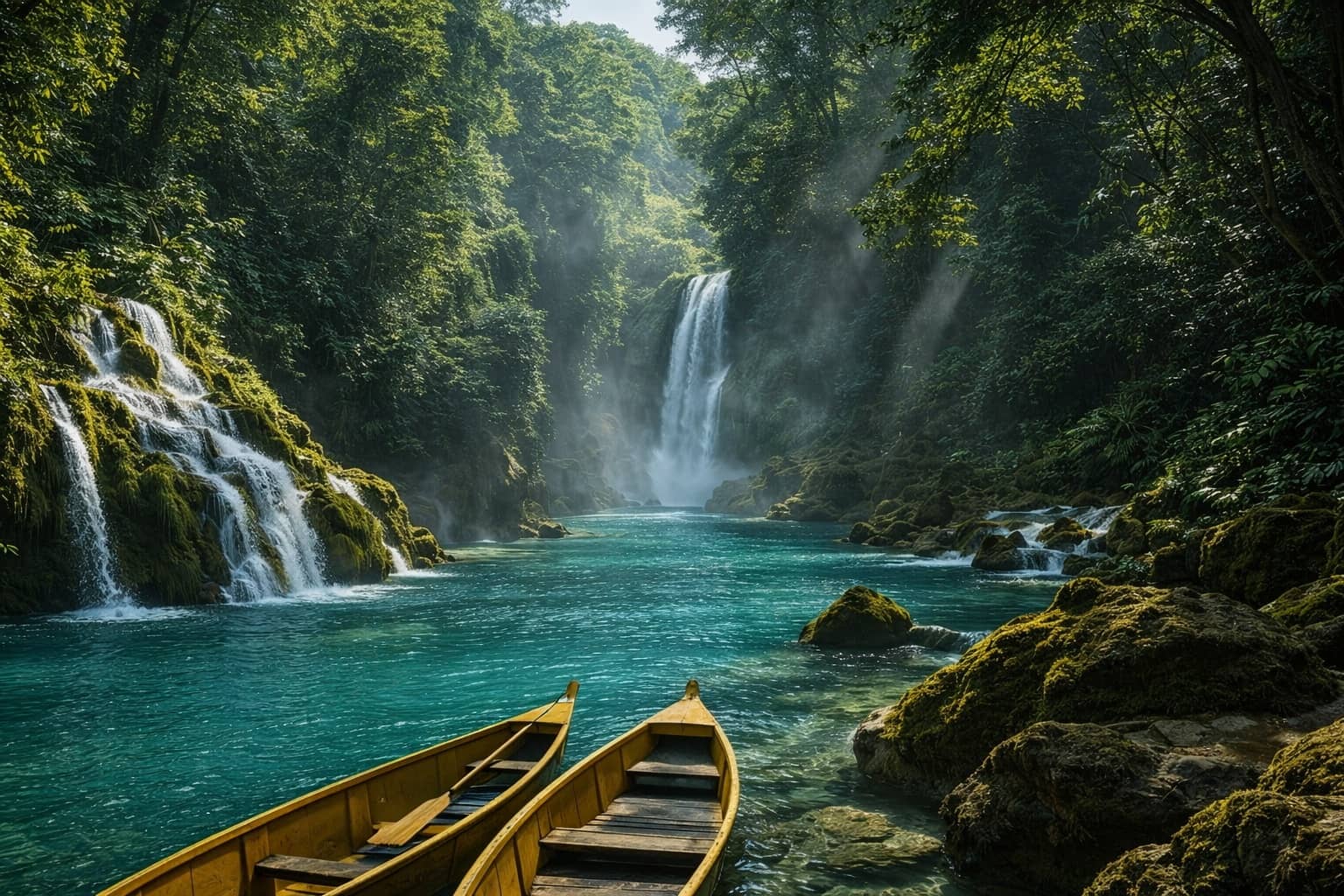 Cascada y río turquesa en la Huasteca Potosina, San Luis Potosí